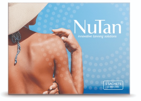 Back view of a woman wearing a sunhat, touching her shoulder; NuTan tanning solutions product box with a blue dotted background.